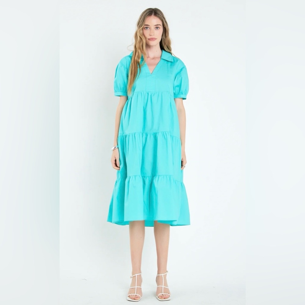 English Factory Turquoise Puff Sleeve V-Neck Midi Dress Cottagecore Boho